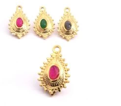 Pendentif Goutte Perlé Acier Doré Et Cabochon Jade Teinté Rose 19x14mm (1)