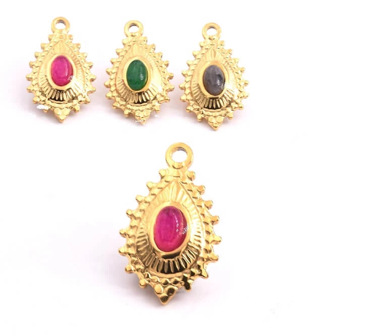 Pendentif Goutte Perlé Acier Doré Et Cabochon Jade Teinté Rose 19x14mm (1) 1 Pendentif Goutte Perlé Acier Doré Et Cabochon Jade Teinté Rose 19x14mm (1)