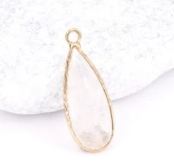 Pendentif Quartz Serti Laiton Doré Or Fin, Goutte 30mm (1)