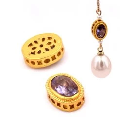 Perle Améthyste Ovale Serti Argent 925 Doré Qualité 28x6.5mm (1)