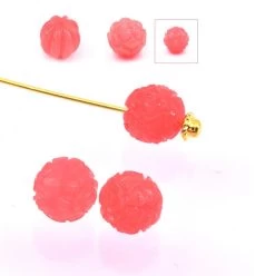 Perles Rondes Sculptées Fleur En Coquillage Teinté Corail Rose 8mm, Trou 1mm (2)